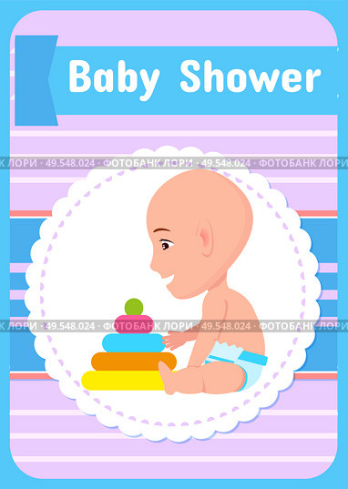 Baby shower greeting card, vector infant in diaper and pyramid first toy constructor isolated in round frame on poster. Child playing with blocks. Baby Shower Greeting Card, Vector Infant in Diaper. Стоковая иллюстрация, агентство Ingram Publishing / Фотобанк Лори