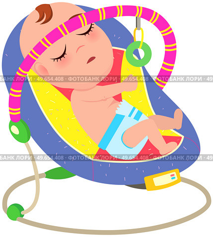 Baby sleeping in automatic bouncer, child gadjet swing bed. Chaise lounge for baby relaxation. Swing chair to put child to sleep and calm down. Chaise longue with toy, interior element for children. Baby sleeping in automatic bouncer, child gadjet swing bed. Chaise lounge for kid relaxation. Стоковая иллюстрация, агентство Ingram Publishing / Фотобанк Лори
