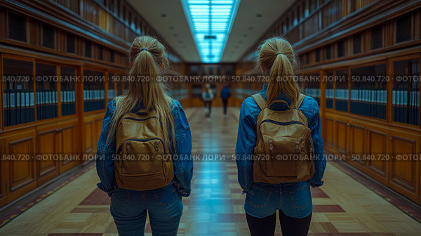 Back to Academia: Twin Girls Returning to the Library with their Backpacks. Стоковое AI-изображение, AI-художник Данила Большаков / Фотобанк Лори