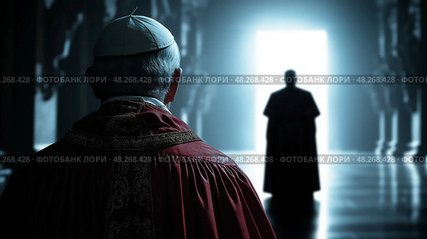 Back view of the Pope inside dark cathedral with silhouette of another clergyman in the distance. Вид сзади на Папу Римского внутри темного собора с силуэтом другого священнослужителя вдали. Стоковое AI-изображение, AI-художник Katsiaryna Repich / Фотобанк Лори