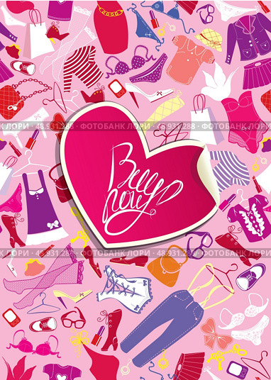 Background for fashion Design - Pattern with Silhouettes of glamor clothes and accessories - Heart frame with calligraphic words BUY NOW! Стоковая иллюстрация, агентство Ingram Publishing / Фотобанк Лори