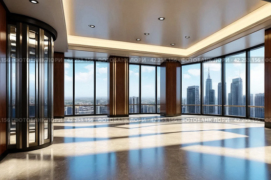 Background of interior floor of elevator platform with elevators and sunlight in business center. Modern steel elevator cabin in house or multi-apartment skyscraper. Copy space for site. Стоковое AI-изображение, AI-художник Aleksandr Golubev / Фотобанк Лори