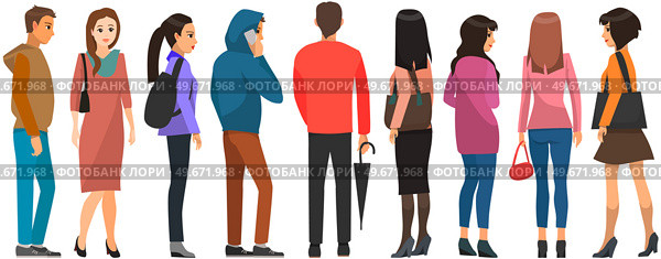 Backview of people looking at something. Men and women in different clothes stand with their backs to viewer. Characters are standing and waiting. Backs of adults and children vector illustration. Backview of people looking at something. Men and women are waiting with their backs to viewer. Стоковая иллюстрация, агентство Ingram Publishing / Фотобанк Лори