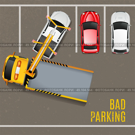 Bad Parking Top View Background. Bad Parking Top View Background. Tow Truck Vector Illustration. Bad Parking Cartoon Design. Tow Truck Working Decorative Symbols. . Стоковая иллюстрация, агентство Ingram Publishing / Фотобанк Лори