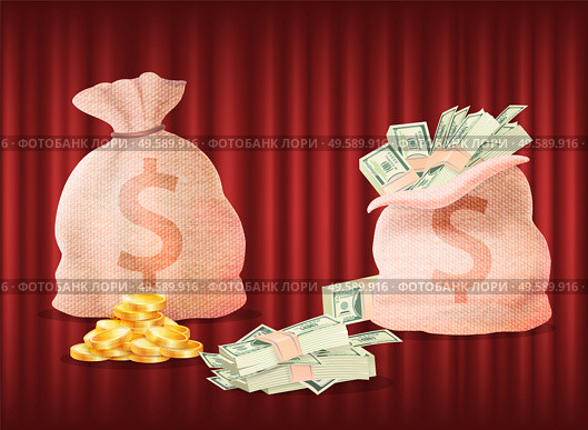 Bags filled with money and profits vector, sacks with dollar sign, coins and banknotes. Savings and wealth, investment and refund of invested finance. Golden Coins and Banknotes, Dollar Currency Bags. Стоковая иллюстрация, агентство Ingram Publishing / Фотобанк Лори
