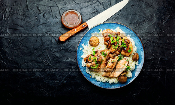 Baked chicken breast with marsala mushroom sauce and rice. Space for text. Chicken with mushroom sauce. Стоковое фото, агентство Ingram Publishing / Фотобанк Лори
