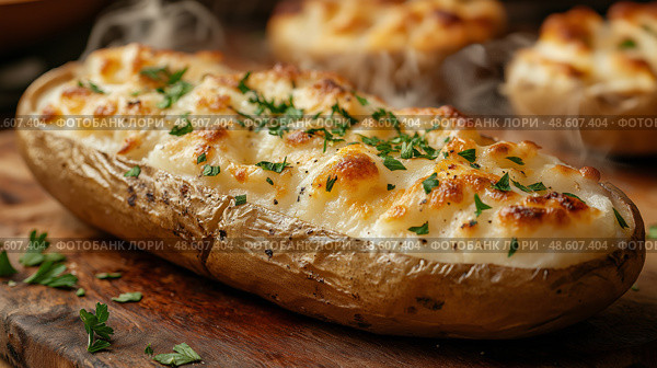 Baked potato topped with creamy filling and fresh herbs on a wooden board. Запеченный картофель со сливочной начинкой и свежей зеленью на деревянной доске. Стоковое AI-изображение, AI-художник Katsiaryna Repich / Фотобанк Лори