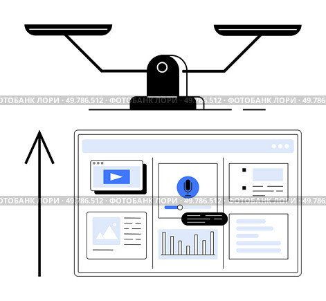 Balance scale above a data analytics dashboard with graphs and media icons. Ideal for business analysis, performance tracking, financial review, growth strategies, web, v10 development, user interface. Balance Scale and Data Presentation with Upward Arrow Signifying Growth and Progress. Стоковая иллюстрация, агентство Ingram Publishing / Фотобанк Лори