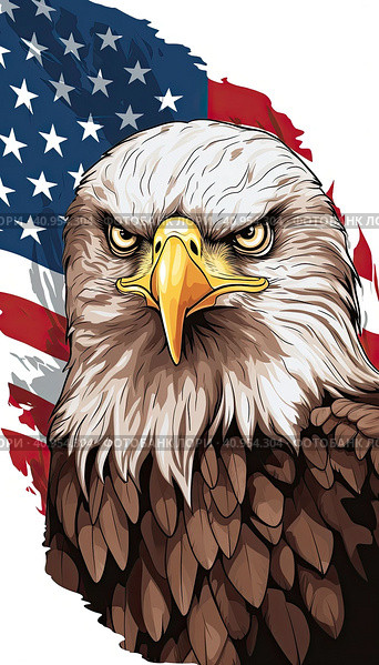 Bald American eagle on the background of the US flag. Стоковое AI-изображение, AI-художник Ярославский Максим / Фотобанк Лори