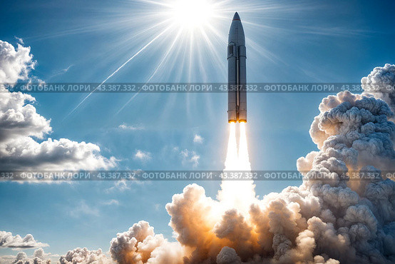 Ballistic nuclear military missile in blue sky with clouds, rocket launch trace. Anti-aircraft defense by military complexes, military aid, protection of sky. War concept on Earth. Copy ad text space. Стоковое AI-изображение, AI-художник Aleksandr Golubev / Фотобанк Лори