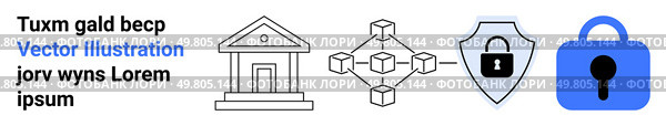 Bank building, blockchain network, security shield with lock, and blue padlock on white background. Ideal for blockchain technology, cybersecurity, finance, digital security, online banking, fintech. Blockchain Security and Finance - Digital Safe, Distributed Network, Shield, and Financial Institution. Стоковая иллюстрация, агентство Ingram Publishing / Фотобанк Лори