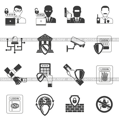 Bank security black icons set. Internet banking secure operations black icons set with detecting  hackers malware software shield abstract isolated vector illustration. Стоковая иллюстрация, агентство Ingram Publishing / Фотобанк Лори