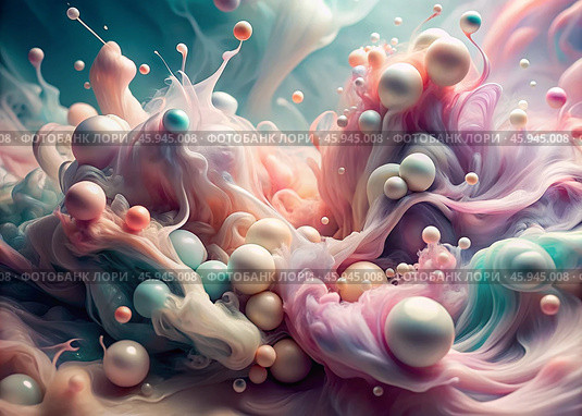 Banner, flyer. Abstract, dreamy, watercolor background with waves, streaks, and liquid streams of pink, blue, and pearls. Стоковое AI-изображение, AI-художник Photojuli / Фотобанк Лори