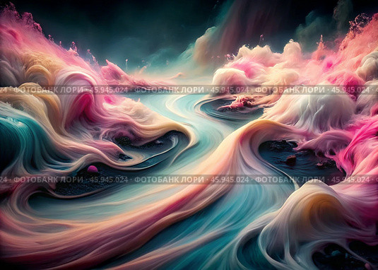 Banner, flyer. Abstract, dreamy, watercolor background with waves, streaks, and liquid streams of pink, blue, and pearls. Стоковое AI-изображение, AI-художник Photojuli / Фотобанк Лори