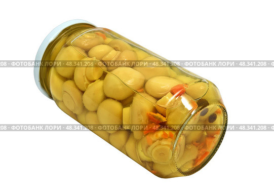 Баночка с консервированными грибами на белом фоне.  Jar with canned mushrooms on white background. Стоковое фото, фотограф Татьяна Д / Фотобанк Лори