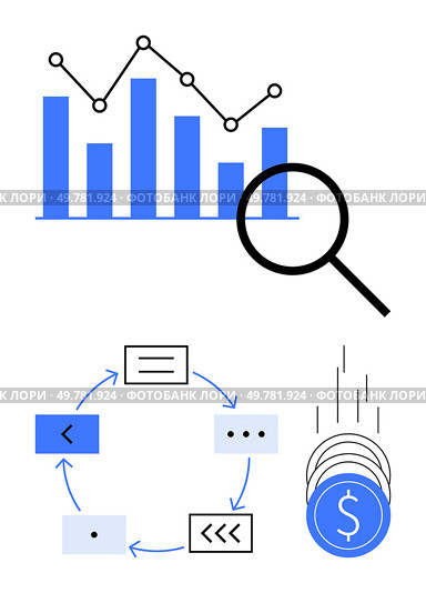 Bar and line graph with magnifying glass, circular flowchart, and downward falling coins. Ideal for business, financial analysis, economic growth, investment strategies, data visualization, research. Data Analysis and Financial Growth Representation with Magnifying Glass and Flowchart. Стоковая иллюстрация, агентство Ingram Publishing / Фотобанк Лори