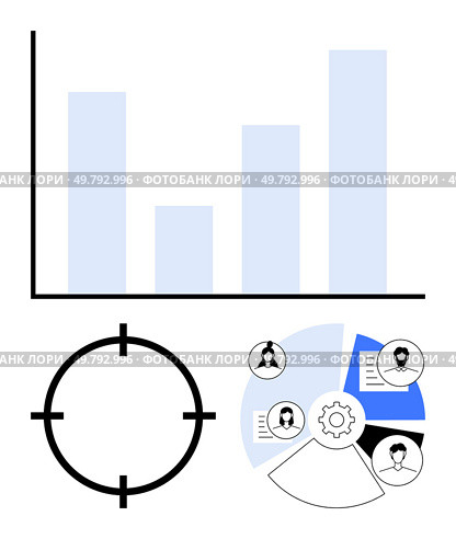 Bar chart with three blue bars, target symbol, pie chart with four segments including user profiles and gear. Ideal for business strategy, analytics, teamwork, goals, user targeting, data. Data comparison with bar chart, target symbol and pie chart with user profiles and gear icon. Стоковая иллюстрация, агентство Ingram Publishing / Фотобанк Лори