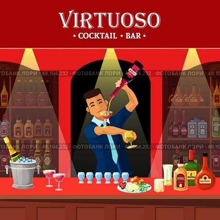 Bar Counter Flat. Original design flat illustration showing virtuoso barmen at cocktail bar counter vector illustration. Стоковая иллюстрация, агентство Ingram Publishing / Фотобанк Лори