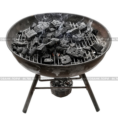 Barbecue grill getting ready with hot burning charcoal briquettes glowing with smoke. Стоковое AI-изображение, AI-художник Иван Рябоконь / Фотобанк Лори