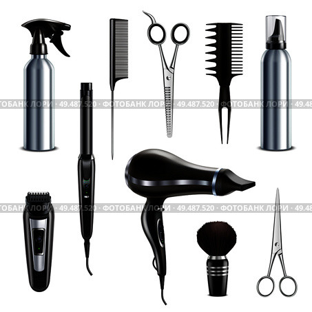 Barber shop hairdresser styling tools realistic collection with hairdryer scissors trimmer clipper shaving brush isolated vector illustration. Стоковая иллюстрация, агентство Ingram Publishing / Фотобанк Лори