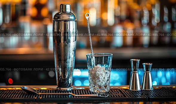barware on the bar counter close-up, shaker, jigger, glass. Стоковое AI-изображение, AI-художник Александр Довянский / Фотобанк Лори