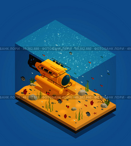 Bathyscaphe deep sea exploration submergence vehicle on  sandy ocean bottom  with seaweeds isometric composition vector illustration . Bathyscaphe Underwater Equipment Vector Illustration . Стоковая иллюстрация, агентство Ingram Publishing / Фотобанк Лори