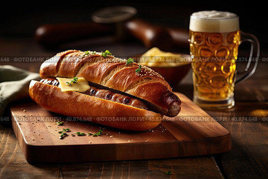 Bavarian real sausage breakfast with sausages, weissbier, soft pretzel and mild mustard on dark weathered wooden board from Germany. generated by AI. Стоковое AI-изображение, AI-художник Ирина Михайличенко / Фотобанк Лори