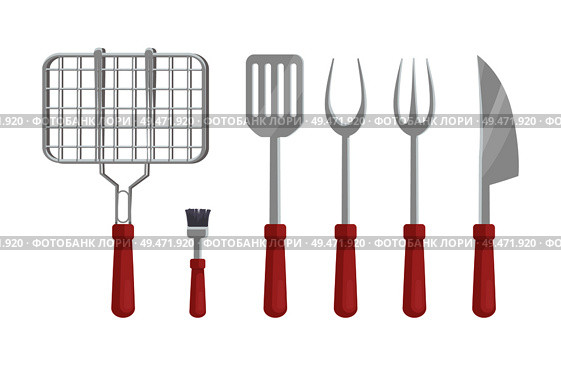 BBQ barbecue flatware isolated icons vector set. Grate for roasting meat brush and knife with sharp blade. Forks types dishware for barbeque picnic. BBQ Barbecue Flatware Icons Vector Illustration. Стоковая иллюстрация, агентство Ingram Publishing / Фотобанк Лори