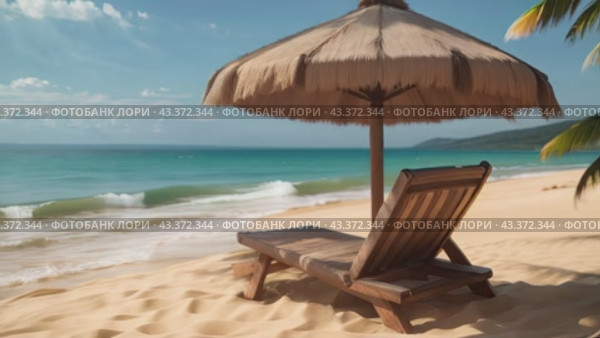 Beach chair and umbrella on tropical sand beach. Generative AI. Стоковое AI-видео, аниматор Ильин Сергей / Фотобанк Лори