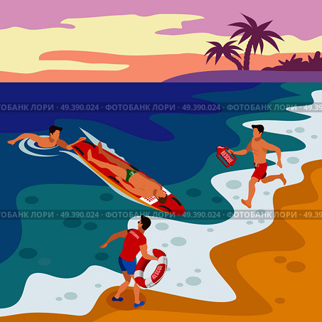 Beach lifeguards isometric poster with team of savers performing rescue operation of drowning man vector illustration . Beach Lifeguards Isometric Poster. Стоковая иллюстрация, агентство Ingram Publishing / Фотобанк Лори