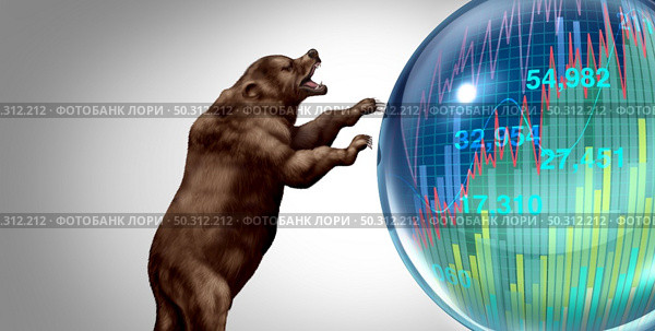 Bear market bubble burst and economic crash or stock market speculation concept and overvalued stocks as a financial crisis and inflated prices as a finance valuation risk with 3D render elements. Стоковое фото, агентство Ingram Publishing / Фотобанк Лори