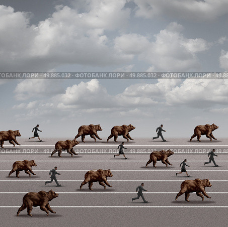 Bear market run business concept as a symbol for declining stock market loss and economy risk as a group of bears racing and charging with running fearful people as a heard mentality on a race track. Стоковое фото, агентство Ingram Publishing / Фотобанк Лори