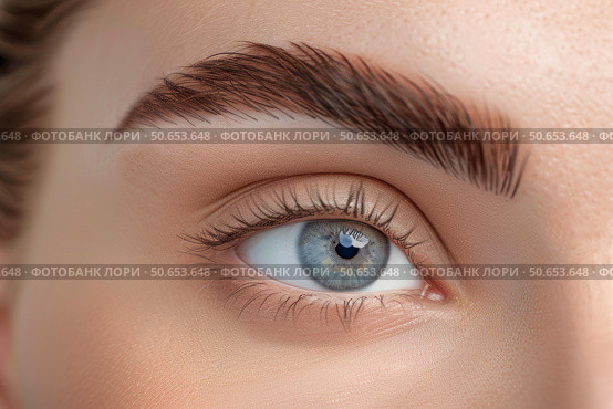 Beautician showing perfect eyebrow shape after treatment. Стоковое AI-изображение, AI-художник Иван Рябоконь / Фотобанк Лори