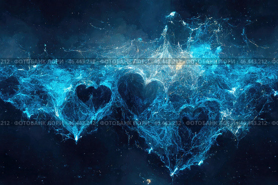 Beautiful abstract background. Image of blue hearts on a dark background. It looks like waves and splashes of water against the backdrop of space. Illustration of care, love, feelings. Generative AI. Стоковое AI-изображение, AI-художник Андрей Степанов / Фотобанк Лори