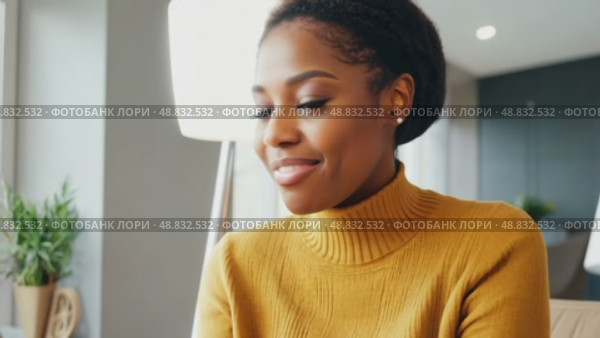 Beautiful, attractive, black African American woman yellow sweater and shining smile confidently looking at camera, 4k, active lifestyle. Business concept, thinking something, passionate about hobby. Стоковое AI-видео, аниматор ALLA YURTAYEVA / Фотобанк Лори
