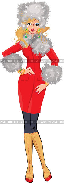 Beautiful blond woman dressing in red coat with white fur - isolated on white background - winter season picture. Стоковая иллюстрация, агентство Ingram Publishing / Фотобанк Лори