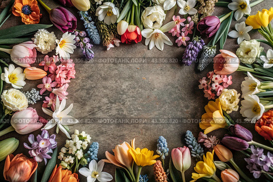 Beautiful floral background. A frame of spring flowers with tulips, daffodils, crocuses, hyacinths. View from above. Space for text. Стоковое AI-изображение, AI-художник Photojuli / Фотобанк Лори