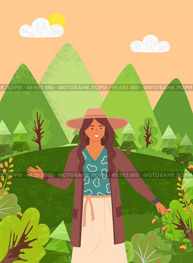 Beautiful girl in a brown hat in summer garden. Stylish portrait of young woman outdoor flat style. Smiling female character wearing in aquamarine blouse and a wide brim headdress. Elegant pretty girl. Beautiful girl in a brown hat in summer garden. Stylish portrait of young woman outdoor flat style. Стоковая иллюстрация, агентство Ingram Publishing / Фотобанк Лори