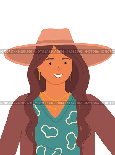 Beautiful girl in a brown hat on a white background. Stylish portrait of young woman flat style. Smiling female character wearing in aquamarine blouse and a wide brim headdress. Elegant pretty girl. Beautiful girl in a brown hat on a white background. Stylish portrait of young woman flat style. Стоковая иллюстрация, агентство Ingram Publishing / Фотобанк Лори