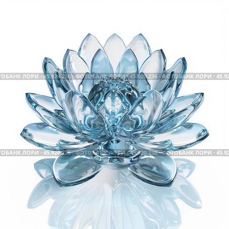 Beautiful light blue glass lotus flower reflecting on white background. Стоковое AI-изображение, AI-художник Иван Рябоконь / Фотобанк Лори