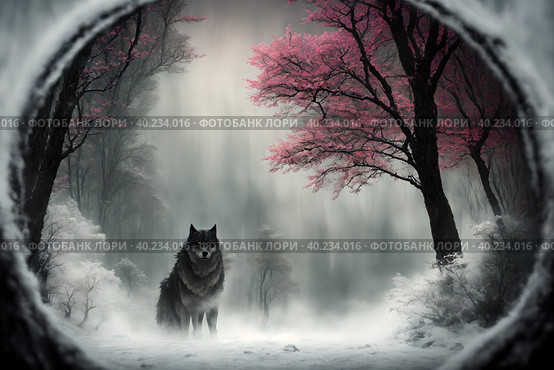 Beautiful northern landscape with giant wolf, warg Fenrir, AI generated. Стоковое AI-изображение, AI-художник Сергей Старуш / Фотобанк Лори
