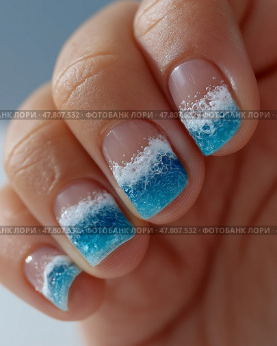 Beautiful ocean wave nail art design in blue and white colors. Красивый дизайн ногтей в виде океанской волны в синем и белом цветах. Стоковое AI-изображение, AI-художник Katsiaryna Repich / Фотобанк Лори