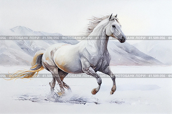Beautiful running white horse on a light background, watercolor style, Generative AI. Стоковое AI-изображение, AI-художник Анна Кривицкая / Фотобанк Лори