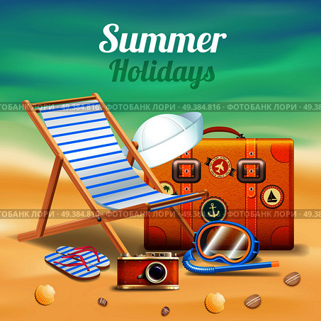 Beautiful summer holidays realistic composition with sunbed and suitcase on shore of the turquoise sea vector illustration. Beautiful Summer Holidays Realistic Composition. Стоковая иллюстрация, агентство Ingram Publishing / Фотобанк Лори