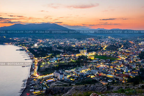 Beautiful view of the night embankment of the city of Sudak after sunset. South coast of the Crimean peninsula. Russia. Стоковое фото, фотограф Константин Лабунский / Фотобанк Лори