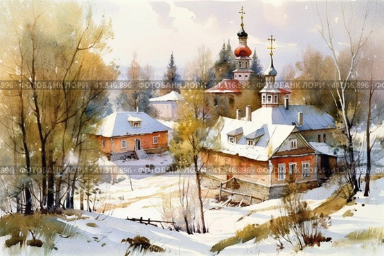 Beautiful village landscape with church at the beginning of winter, watercolor style, Generative AI. Стоковое AI-изображение, AI-художник Анна Кривицкая / Фотобанк Лори