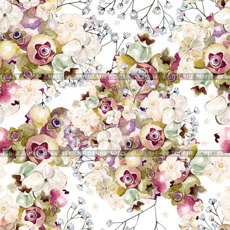 Beautiful watercolor pattern with hydrangea, wildflowers and berries saskatoon. Illustrations.. Beautiful watercolor pattern with hydrangea, wildflowers and berries saskatoon. . Стоковое фото, агентство Ingram Publishing / Фотобанк Лори
