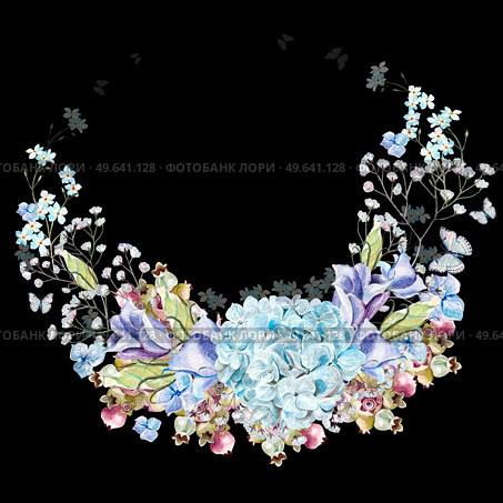 Beautiful watercolor wreath with eucalyptus branches and hydrangea flowers, eustomiya, wildflowers, saskatoon berries.  Illustrations.. Beautiful watercolor wreath with eucalyptus branches and hydrangea flowers, eustomiya, wildflowers, saskatoon berries. . Стоковое фото, агентство Ingram Publishing / Фотобанк Лори