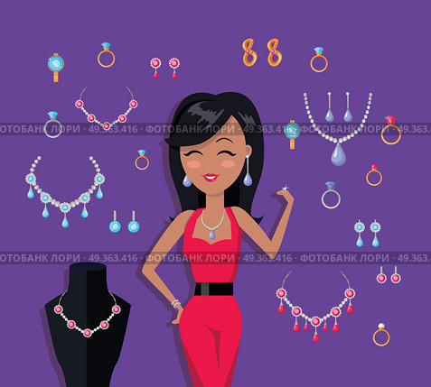 Beautiful Woman with Jewelry Collection. Beautiful woman with jewelry collection. Golden and silver jewelery set. Necklaces, rings and earrings with gemstone. Jewelry icon. Mannequin with necklace. Isolated vector illustration in flat. Стоковая иллюстрация, агентство Ingram Publishing / Фотобанк Лори