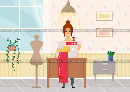 Beautiful young fashion designer dressmaker woman using sewing machine to sew red dress in her atelier. Happy girl seamstress with sewing machine at work, sewing clothes, creative hobby, profession. Beautiful young fashion designer dressmaker woman using sewing machine to sew red dress in atelier. Стоковая иллюстрация, агентство Ingram Publishing / Фотобанк Лори